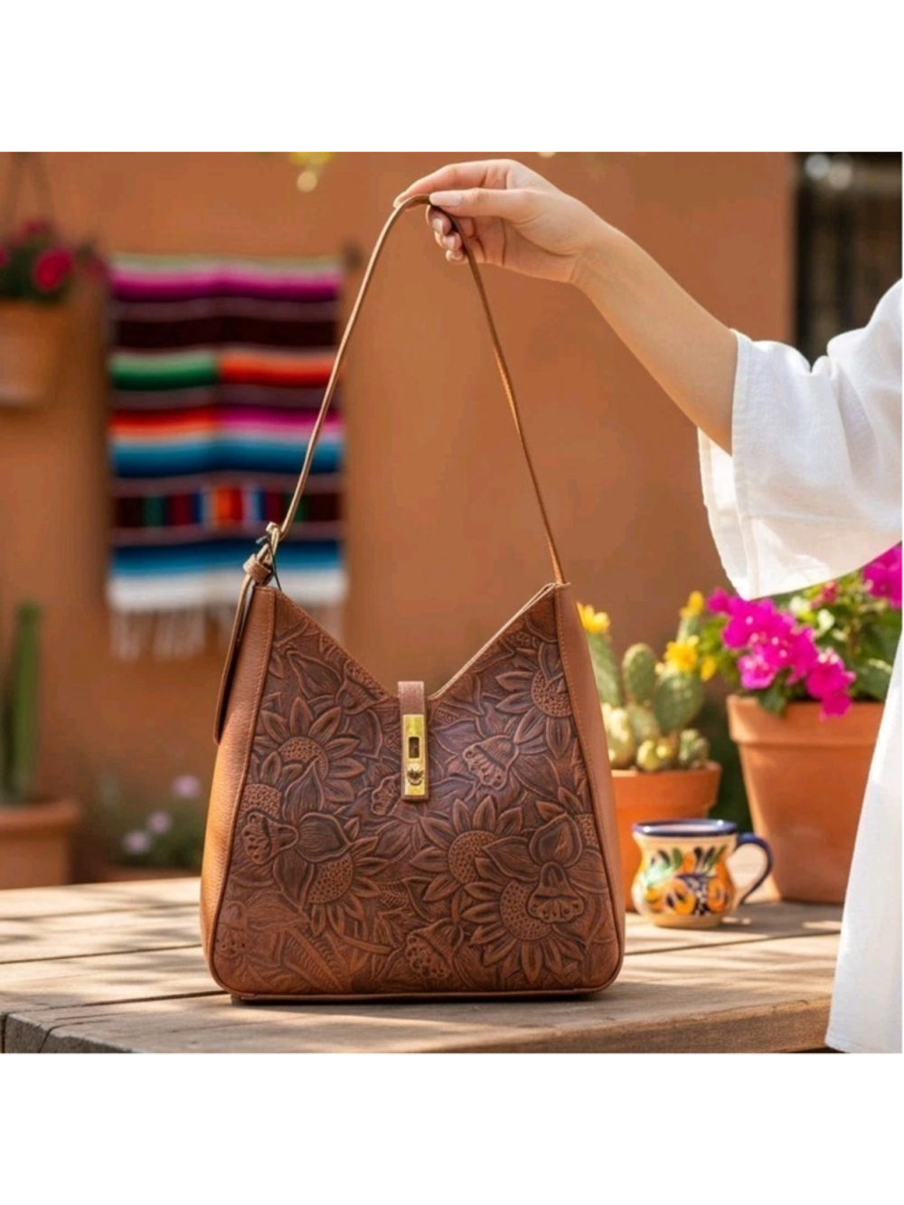 Shedron Brown Sunflower Embossed Tooled Artisan LEATHER Shoulder Bag Purse